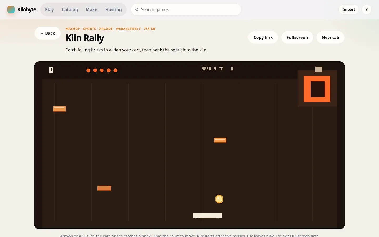 Kiln Rally running in Kilobyte, labeled Mashup, Sports, Arcade, WebAssembly, 754 KB. An orange puck and falling bricks sit on a brown court.